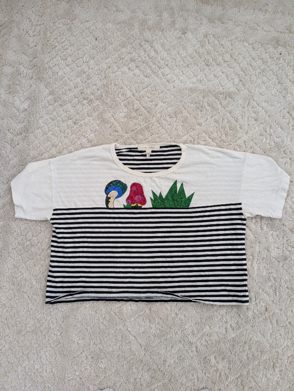 Marc Jacob White & Black Striped Shirt with Sequin Mushroom Appliqué